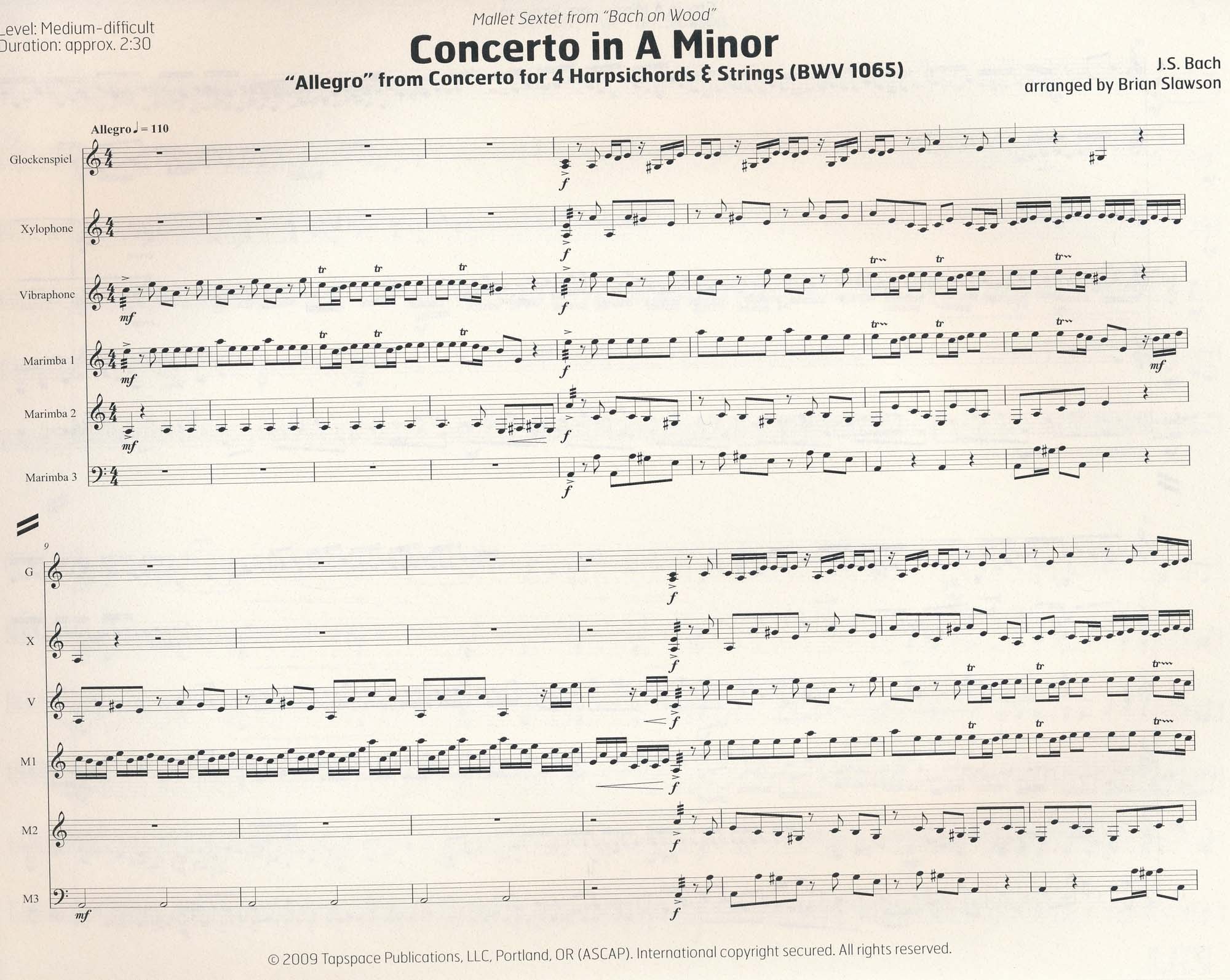 Concerto in A Minor by Bach arr. Brian Slawson