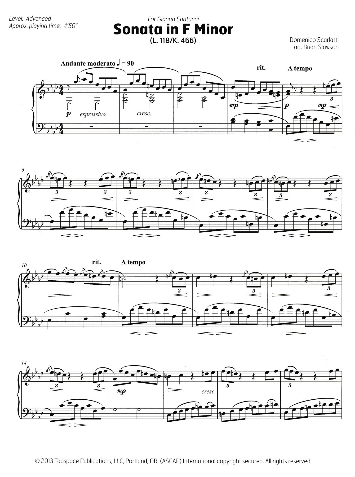 Sonata in F Minor L. 118/K. 466 by Scarlatti arr. Brian Slawson