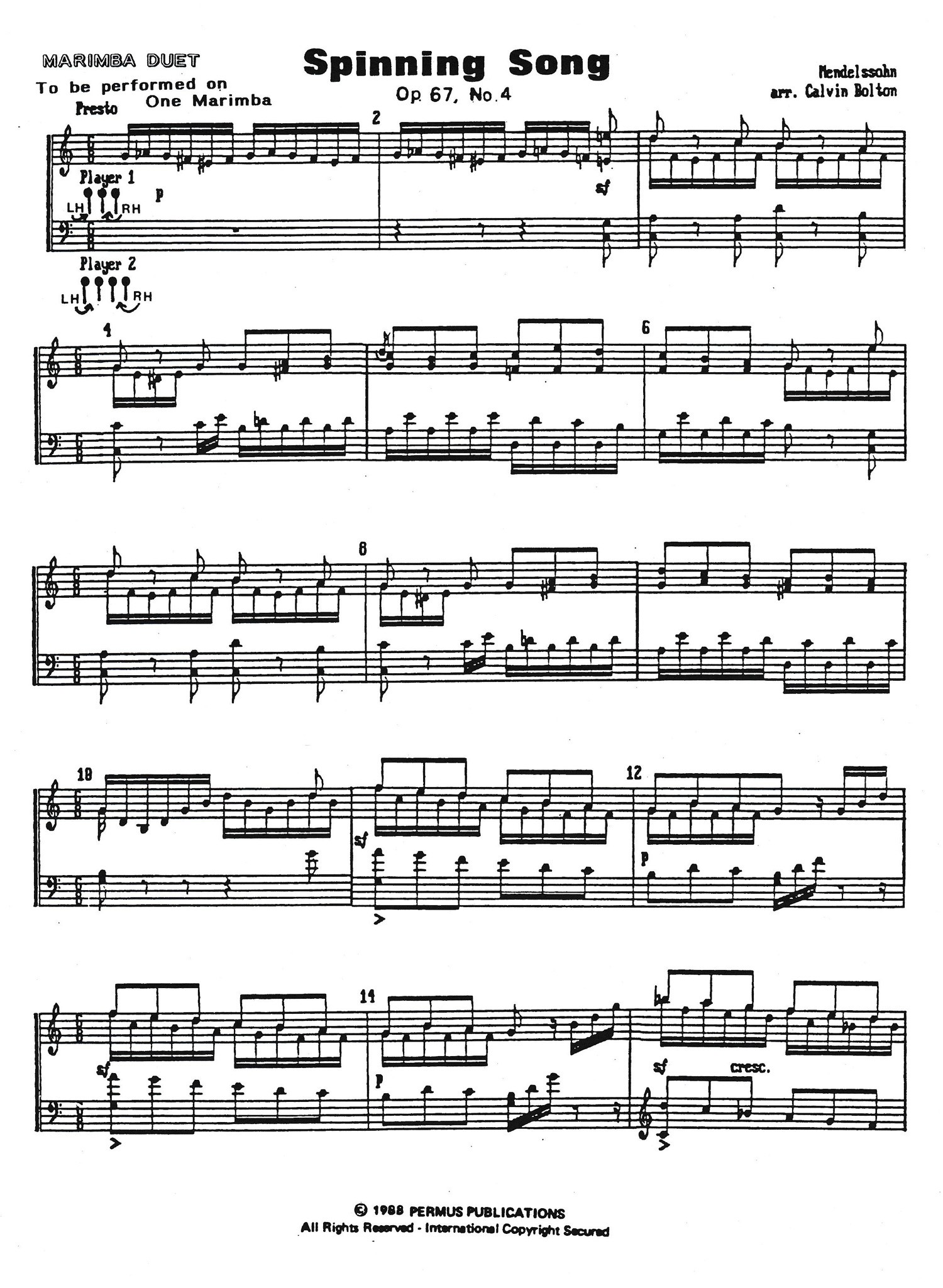 Spinning Songs Op. 67, No. 4 by Mendelssohn arr. Calvin Bolton