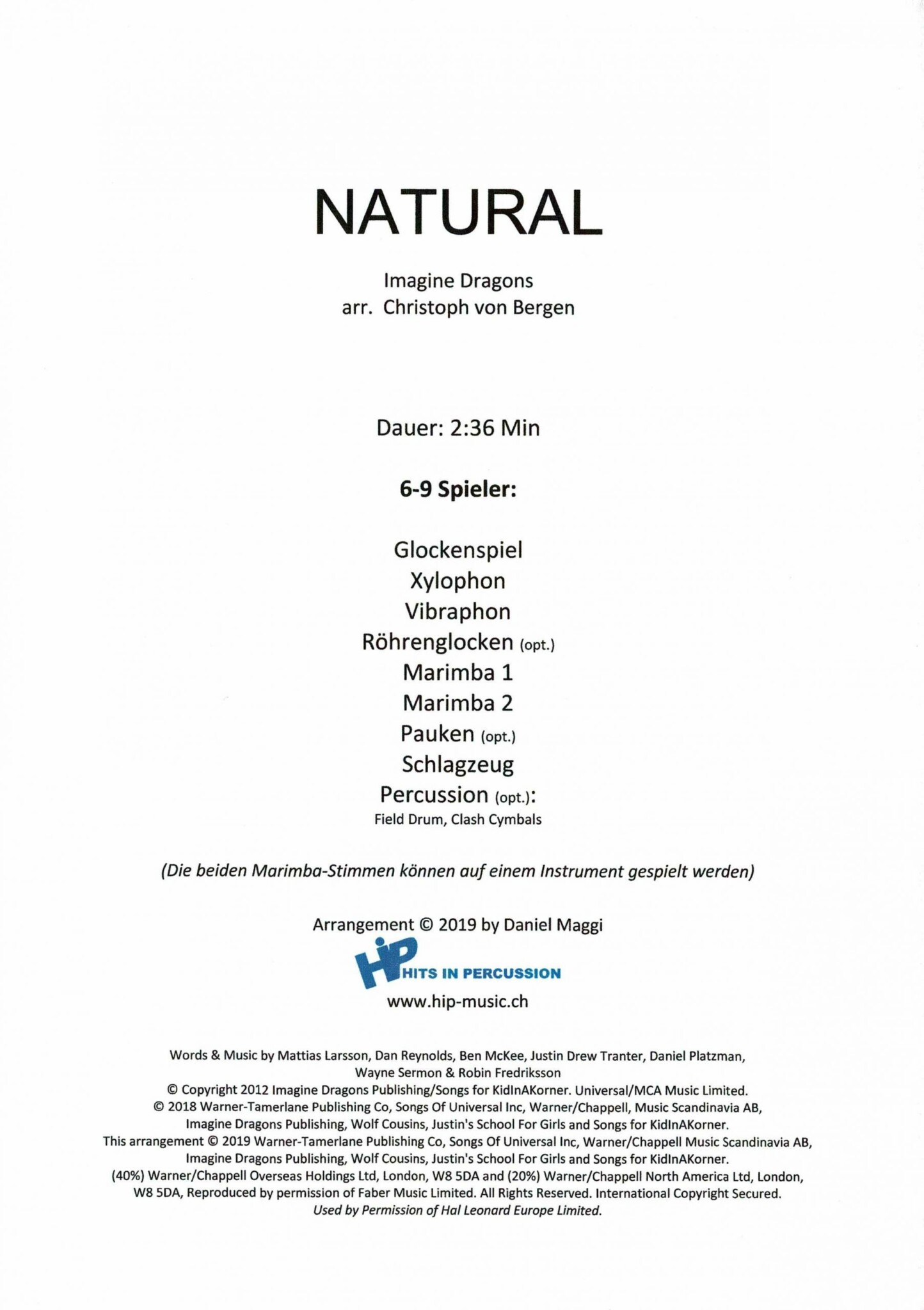 Natural by Imagine Dragons arr. Christoph Bergen