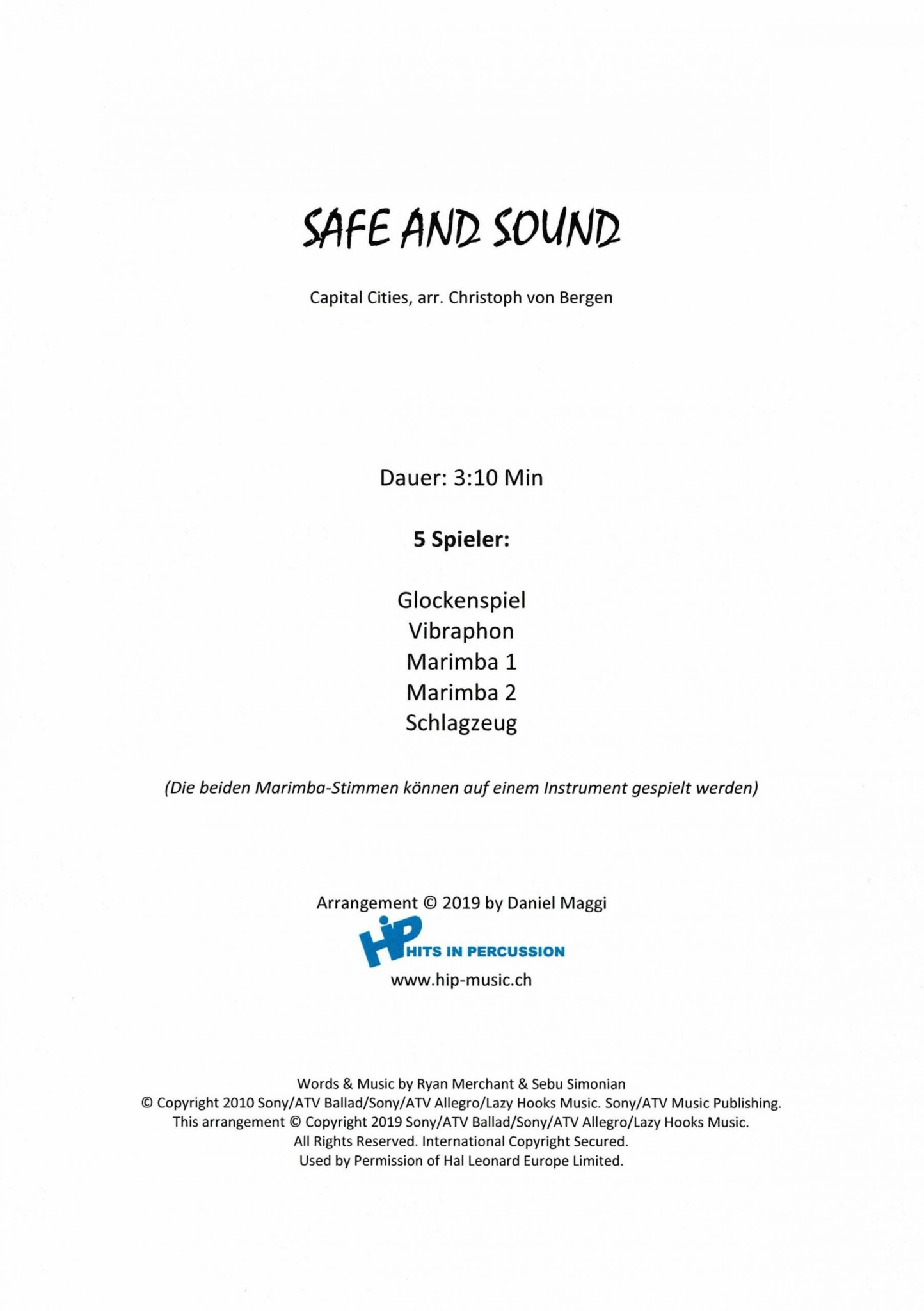 Safe and Sound by Capital Cities arr. Christoph von Bergen