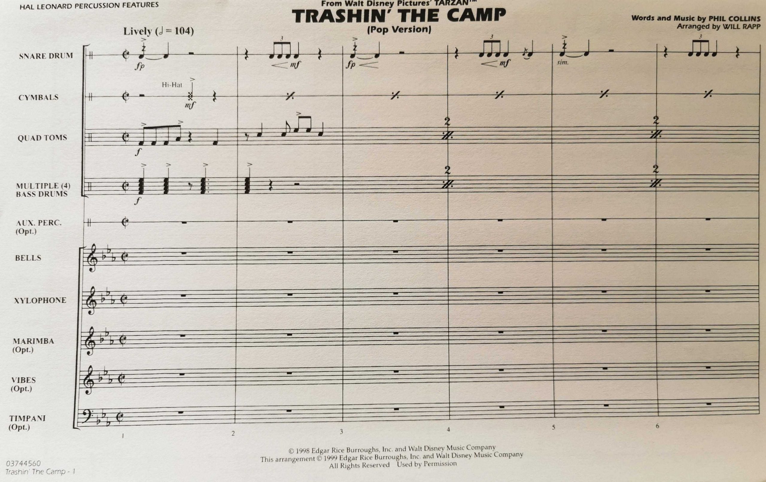 Trashin The Camp (from Tarzan) pop version by Collins arr. Will Rapp