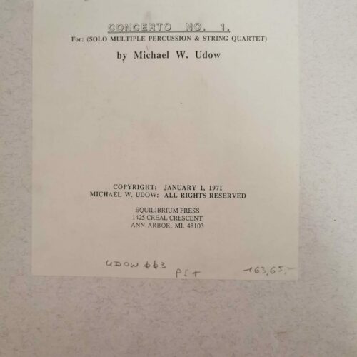 Concerto no. 1 For Solo Multipercussion and String Quartet (Score and Parts) by Michael Udow