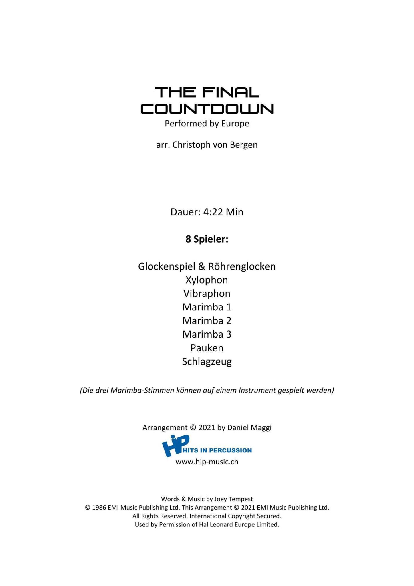 The Final Countdown arr. Christoph von Bergen