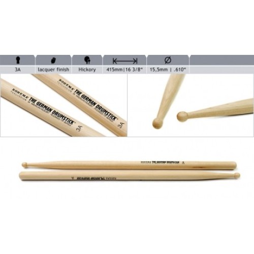 Rohema 3A Round Tip Series Hickory Drumsticks