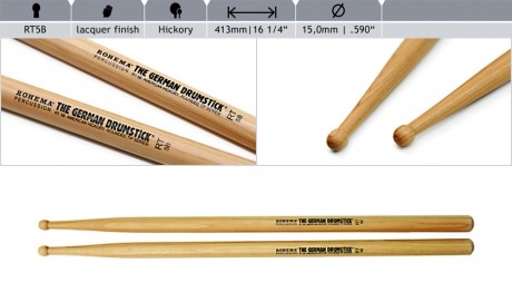Rohema Round Tip Series RT-5B Hickory Drum Sticks