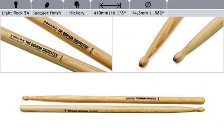 Rohema Light Rock 5A hickory drumsticks Lacquered finish