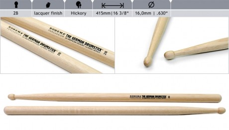 Rohema 2B hickory drumsticks lacquered finish